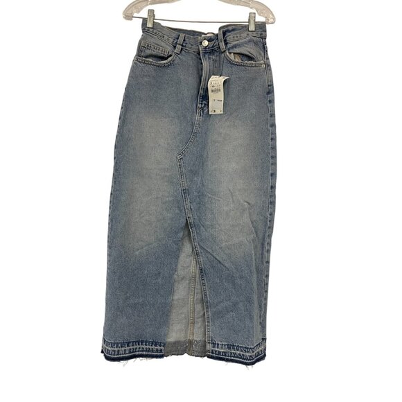 Zara Womens Long Denim Maxi Skirt Small Midi Waist Blue Front Slit 3660/090 NWT - Picture 1 of 15